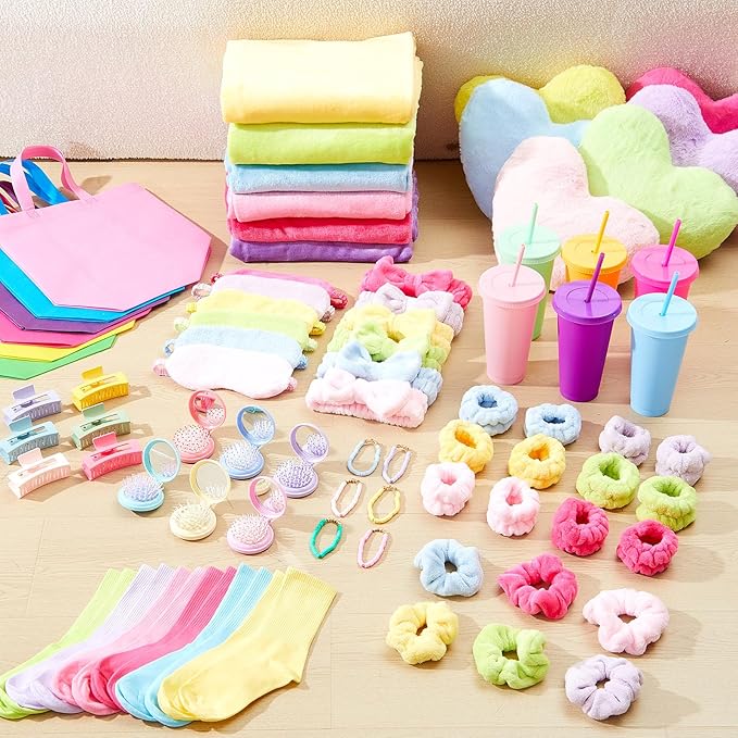 72 Pcs Sleepover Party Supplies Galentines Spa Birthday Slumber Party Favor, Colorful Blanket Pillow Headband Scrunchies Eye Mask Wristband Tote Bag Straw Cup Socks Hair Claw Clip Mirror Comb Bracelet