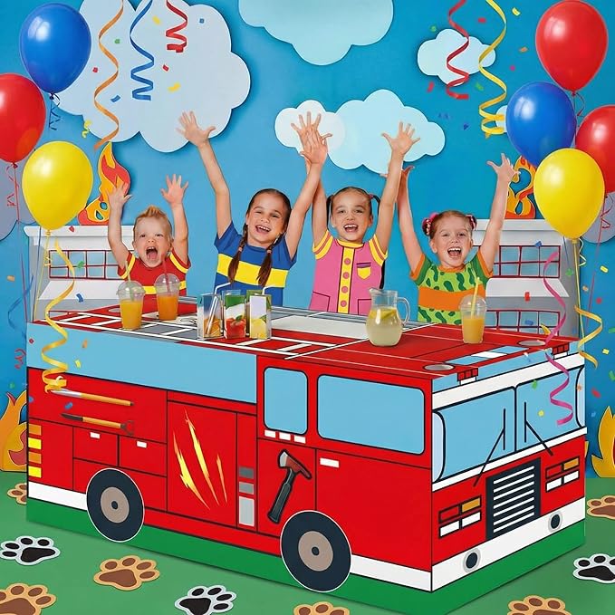 Oudain 6 FT Paw Theme Tablecloth Birthday Decorations 72 x 30 Inch Red Rescue Fire Truck Tablecloth Washable Fabric Polyester Rectangle Table Cover for Paw Party Decoration Dog Puppy Party Supplies