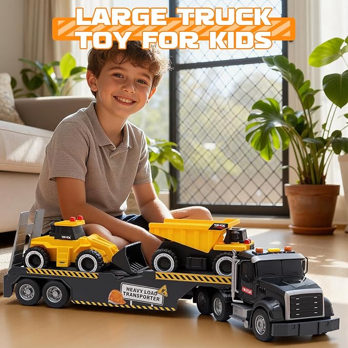 Construction Carrier Truck Toys,21" Semi-Trailer Toy with Excavator and Dump Toddler Boy Toys for 3 4 5 6 7 Years Kids Friction Powered Vehicle Car Toy with Lights & Sounds, Birthday for Boys Girls