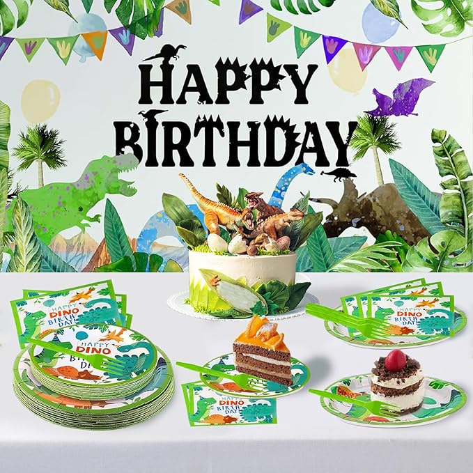 96 Pcs Dinosaur Party Supplies, Dinosaur Theme Birthday Party Decoration Includes Plates Napkins Forks, Dino Tableware Set for Birthday, Serves 24 Guests