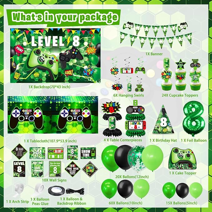 8th Birthday Decorations for Boys, 148Pcs Green Video Game level 8 Party Supplies for Boy 8th Birthday - Backdrop, Banner, Balloons, Tablecloth, Centerpieces, Hanging Swirl, Hat, Wall Signs