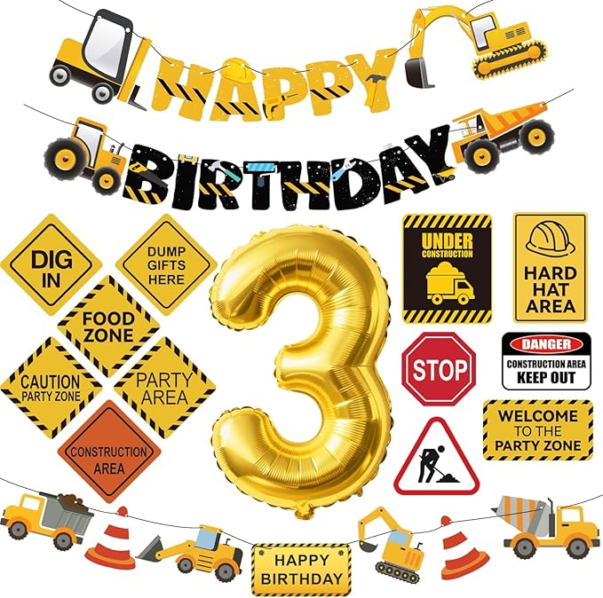 Construction 3rd Birthday Party Supplies Dump Truck Third Party Decorations Kits Set for Kids Three Years Old Birthday with Different Kinds Banner and Signs