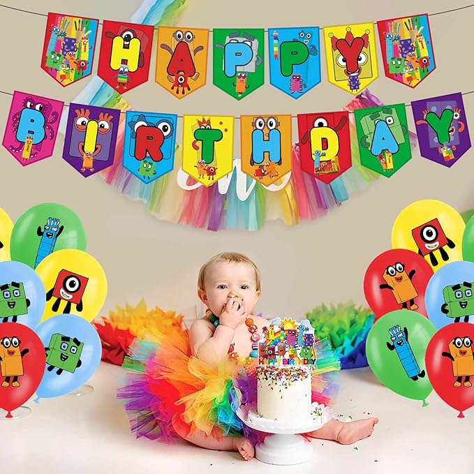 Number Birthday Party Decorations, Cartoon Number Advanture Theme Party Supplies with Banner, Cake Topper, Cupcake Toppers, Balloons for Boys Girls Birthday Baby Shower Party Favors