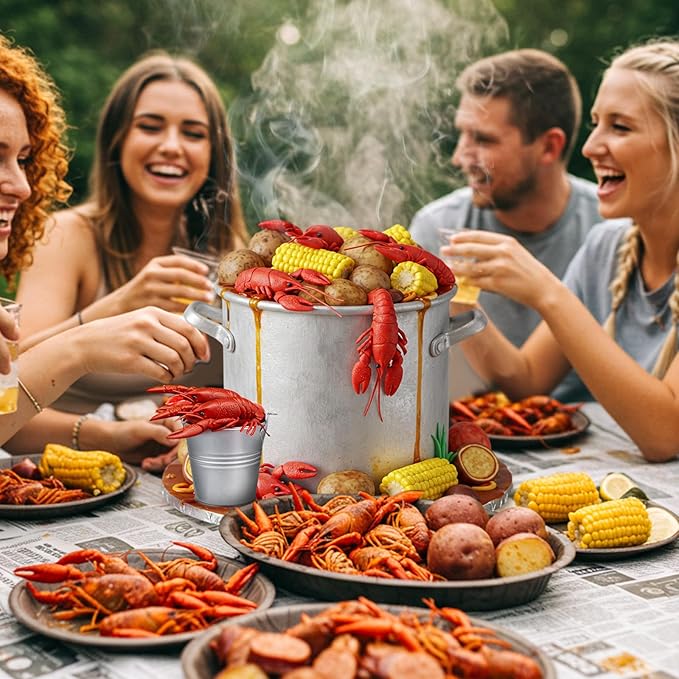 13 Pcs Crawfish Boil Party Supplies Fake Crawfish Party Decorations Lobster Cake Toppers Plastic Crayfish Potato Corn Metal Pail for Lobster Theme Birthday Festival Potluck