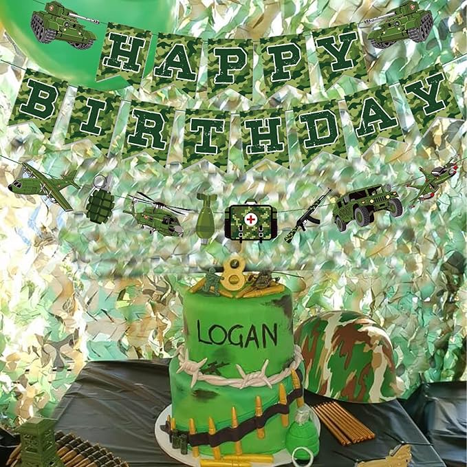 Zwiebeco Camouflage Happy Birthday Party Decoration Green Camo Banner Hanging Paper Bunting Garland Sign for Boys Kids Mens Adults Aoldier Military Themed Accessories Supplies