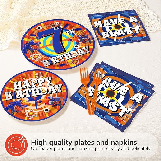 96Pcs Dart War 7th Birthday Party Supplies Dart War 7th Theme Plates and Napkins Blue and Orange 7 Years Old Tableware Set for Birthday Party Decoration Serves 24