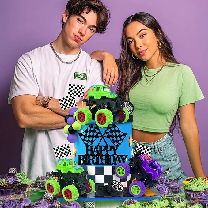 29PCS Truck Cake Decoration 2 Purple 1 Green Off-road Vehicle Cake Top Decoration Deep Purple Light Green Black Balls Truck Themed Party Supplies