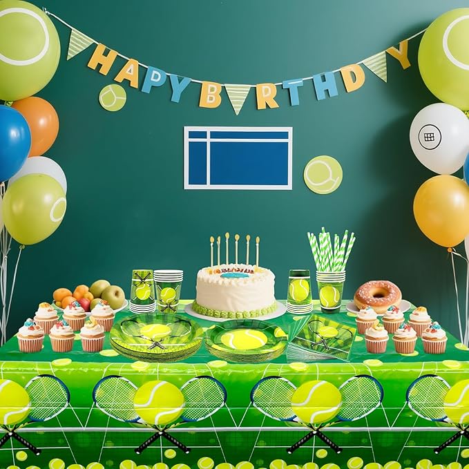Tennis Party Decoration - Tennis Birthday Party Tableware Supplies Includes Plates, Cups, Napkins, Tablecloth, Straws (20)