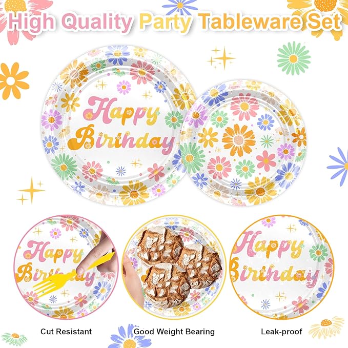 Avezano 168 PCS Daisy Birthday Party Decorations Retro Hippie Plates Napkins Tableware Set for Groovy Daisy Birthday Party Supplies, Serves 24