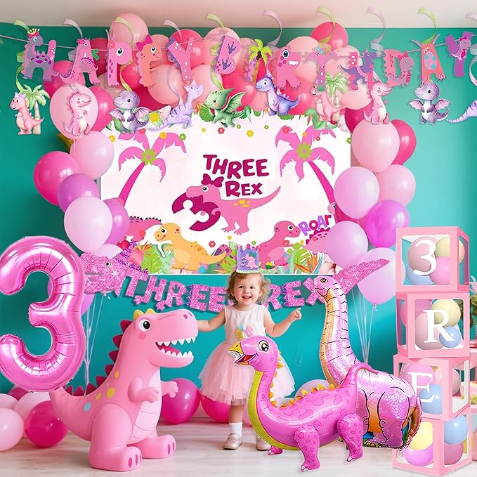 Three Rex Decorations Girl Pink Dinosaur Birthday Party Supplies Trex Dinosaur Tableware Set Crown Balloon Garland Balloon Boxes Glitte Highchair Banner Backdrop TableCloth Cake Topper