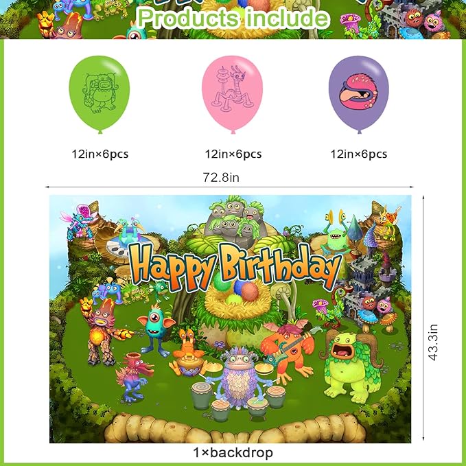 Singing Monster Birthday Party Decoration,Monster Party Photo Background 5 x 3 FT and 18 Pcs Balloon,Merch Party Backdrop Supplies