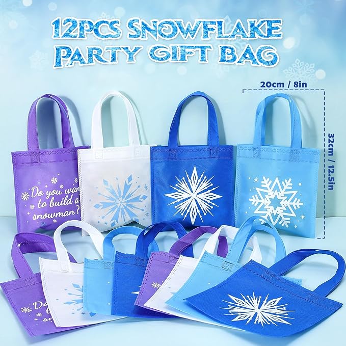 Winrayk 98Pcs Frozen Party Favors Birthday Supplies, Non Woven Tote Bag Stamper Snowflake Keychain Sticker Slap Bracelet, Pinata Filler Goodie Stuffer Classroom Prizes Kids Girls Winter Frozen Decor