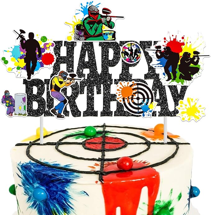Paintball Birthday Cake Topper Glitter Black Paintball Birthday Party Decorations Paintball Themed Splatter Splash Cake Picks Decor for Paint Ball Shooting Game Sport Party Supplies