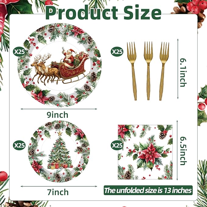 100 Pcs Vintage Christmas Tableware Party Supplies, Serves 25, Disposable Retro Santa Sleigh and Tree Paper Plates, Napkins, and Forks, Holiday Dinner, Winter Wonderland, Xmas Party Decorations
