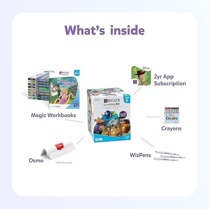 BYJU’S Learning Kit: Disney, Pre-K Premium Edition (App + 9 Workbooks) - Preschool, Ages 3-5, Featuring Disney & Pixar Characters- Learn Numbers, Letters, Shapes & Colors - Osmo iPad Base Included