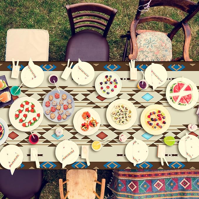 Frienda 3 Pcs Aztec Tablecloths Western Plastic Table Covers Waterproof Tribal Party Decorations Wild West Wooden House Table Cover for Western Barn Birthday Party