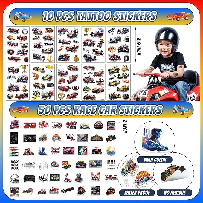 120 Pcs Race Car Party Favors Set with Keychains Slap Bracelets Tattoo Stickers Wristbands Treat Boxes Treat Bags Stuffers Race Car Party Supplies Race Car Party Decorations