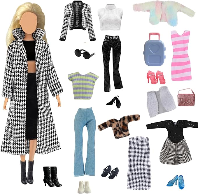 15 PCS Doll Clothes and Accessories, Girl Doll Clothes Including 6 Fashion Sets, 1 Handbag, 1 Suitcase, 1 Glasses, 6 Pairs of Shoes for 11.5 inch Dolls on Christmas