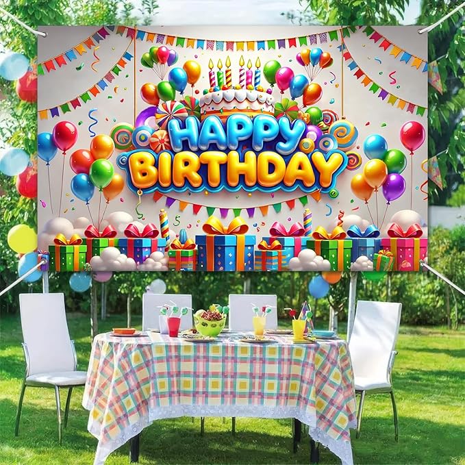 Happy Birthday Banner Decrations Colorful Backdrop Balloons Confetti Cake Background Decoration 84x60 Inch for Kids Boys Girls Photo Booth Party Supplies for Girls or Boys Gifts