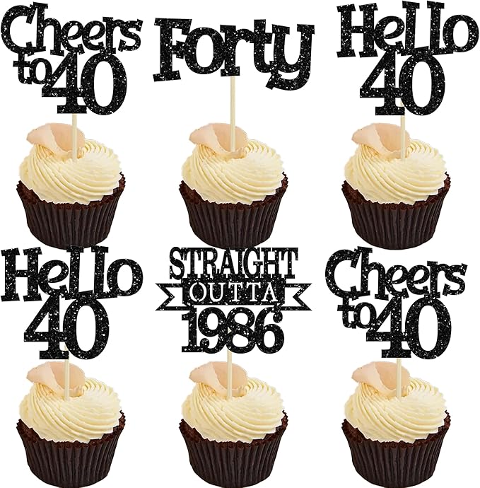 Ephlyn 24Pcs Happy 40th Birthday Cupcake Toppers Glitter Forty Cupcake Picks Hello 40 Cheers to 40 Years Birthday Cake Decorations for 40th Birthday Anniversary Party Supplies Black