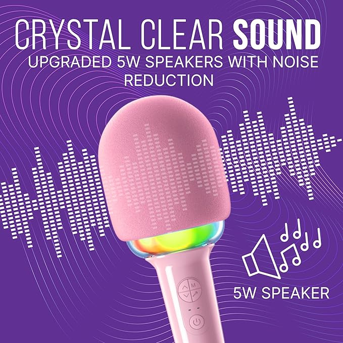 Joomie Pink Kids Microphone for Singing – 4 in 1 Bluetooth Karaoke Portable Microphone Wireless Mic with LED Disco Light, Speaker, Voice Changing, Echo Effect, Birthday Kids Toys Gift for Girls Boys