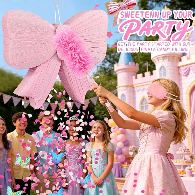 Pink Bow Piñata - Pink Pinata with Blindfold, Bat, Rope for Princess Party Supplies, Girls Kids Birthday Party Decorations