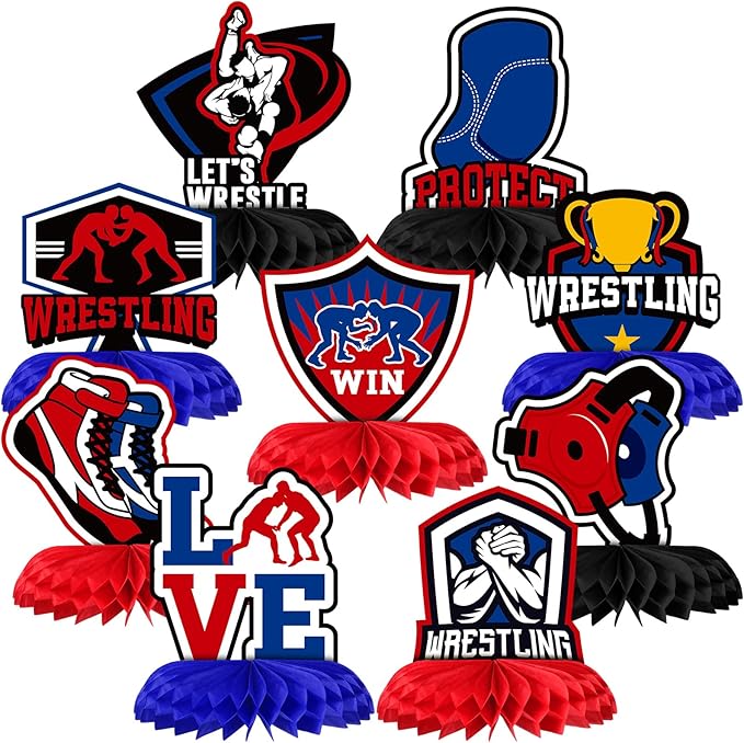 9 Pcs Wrestling Birthday Decorations Wrestling Honeycomb Centerpieces Double Sided Table Topper for Wrestler Match Party Supplies Favors Birthday Decorations Photo Booth Props