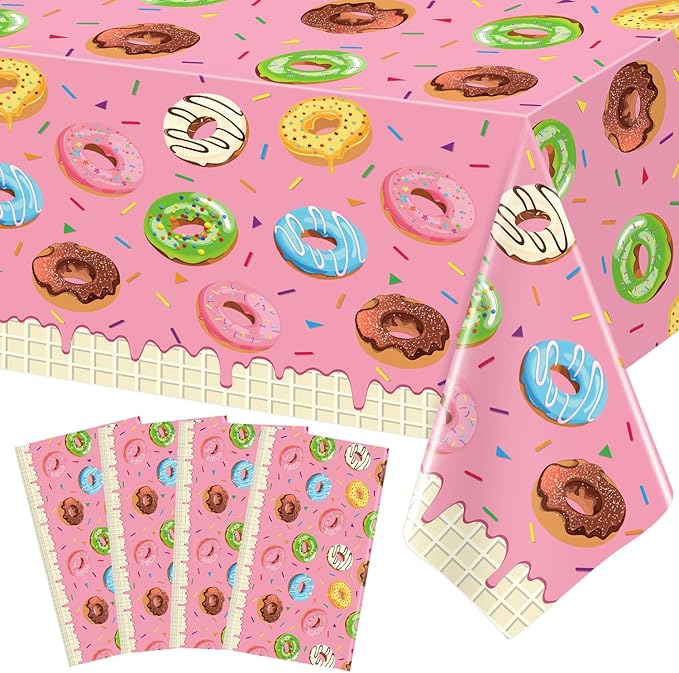 4 Pack Donut Party Tablecloth Sprinkle Donut Theme Party Decorations Pink Ice Cream Table Cloth Doughnut Table Covers for Baby Shower Afternoon Tea Ice Cream Birthday Supplies 51 x 86 in