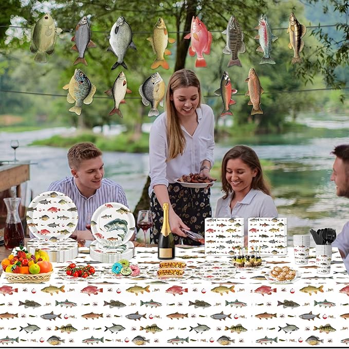 170PCS Fishing Birthday Party Decorations Gone Fishing Party Decorations Include Plates, Cups, Cutlery, Banner, Tablecloth for Ofishally One Birthday Decorations