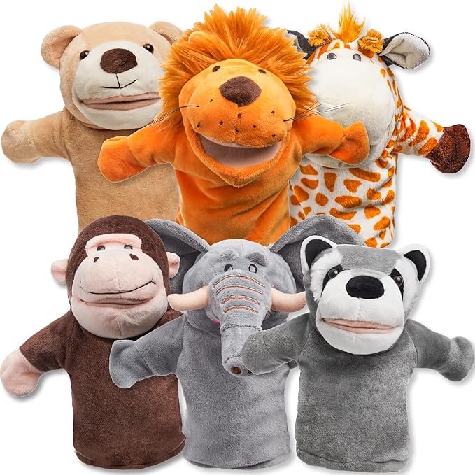 JOYIN 6Pcs Kids Hand Puppet Set with Working Mouth, Toddler Plush Toy Includes Elephant, Giraffe, Lion, Bear, Raccoon and Monkey for Show Theater, Easter Birthday Gifts for Kid