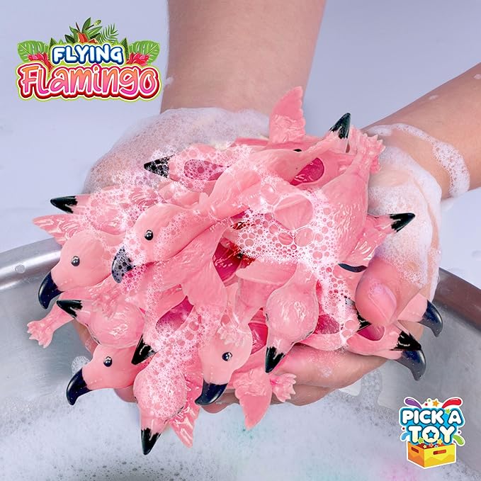 PICK A TOY 36 Pcs Flamingo Party Favors Toys for Kids, Bird Shooter Game Finger Flingers, Tropical Themed Decorations, Kids Prizes, Flying Rubber Chickens Slingshot, Easter Egg Filler