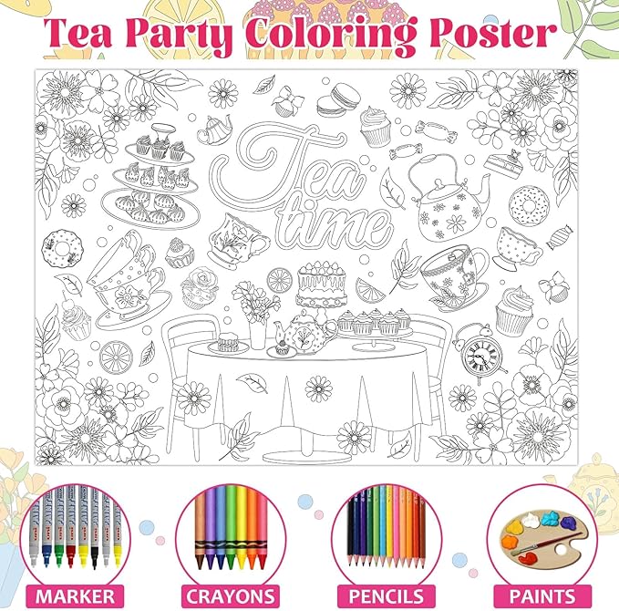 Tea Party Coloring Poster for Kids Spring Giant Coloring Poster Large Flower Tea Time Tablecloth Jumbo Books for Classroom Home Birthday Party Supplies Favor