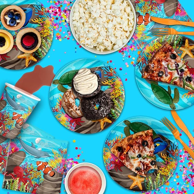 Ocean Sea Life Birthday Party Supplies Set Plates Napkins Cups Tableware Kit for 16
