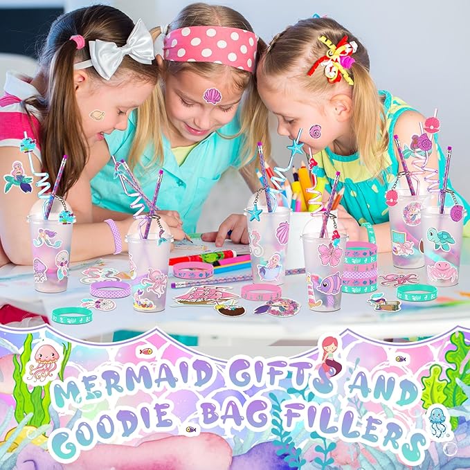 194 Pcs Valentine Gift Mermaid Party Favors Goody Cup Fillers, Mermaid Birthday Party Decorations Straws Keychains Pencils Bracelets for Goodie Bag Stuffer, Classroom Rewards, Piñata Supplies