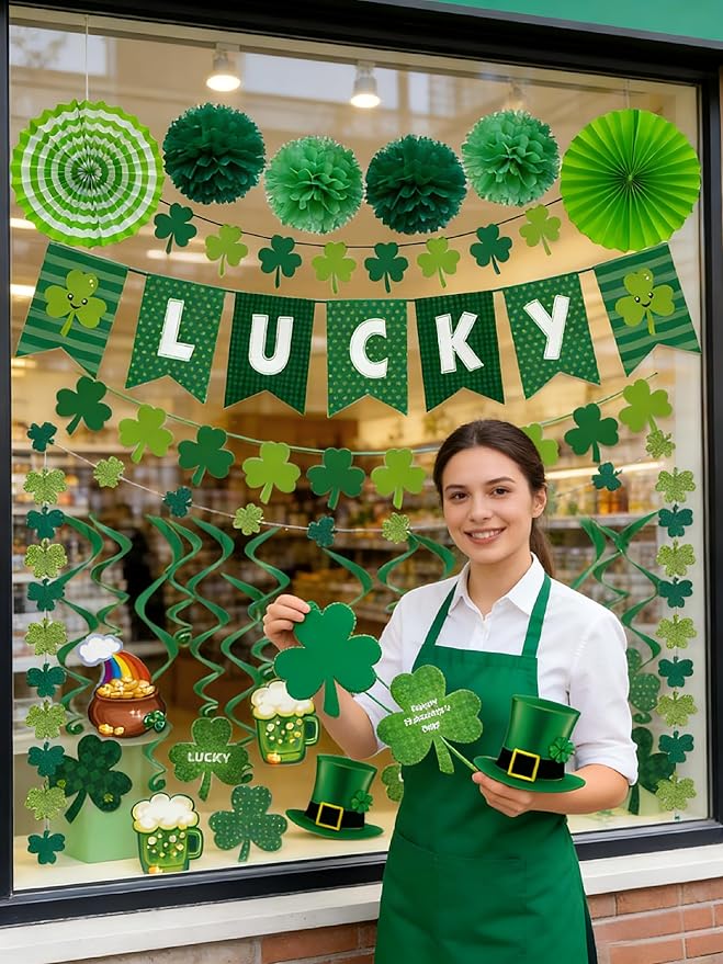 St Patricks Day Decorations Pre-Assembled Shamrock Lucky Banner Garlands Clover Hanging Swirls Irish Decor for Home Saint Patrick Party Supplies
