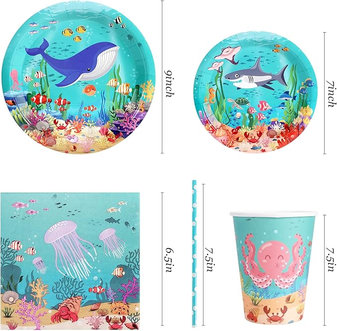 Under the Sea Birthday Party Supplies Decorations, Ocean Theme Paper Plates and Napkins Set for 24 Guests, 120 Pcs Disposable Sea Animals Party Dessert Dinnerwares