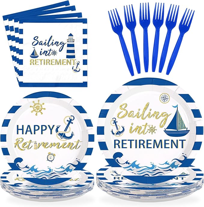 96Pcs Nautical Retirement Decorations Sailing into Retirement Plates and Napkins Tableware Sets Navy Blue Gold Decorations for Sailor Men Retirement Theme Farewell Supplies Serves 24