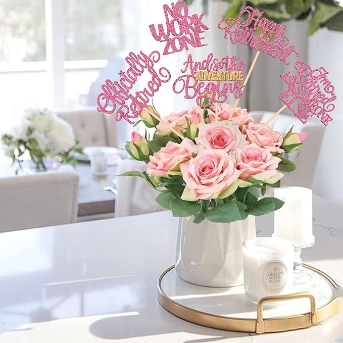 15 PCS Happy Retirement Centerpiece Sticks Officially Retired Table Flower Centerpieces Sticks No Work Zone Floral Decorations for Retirement Theme Farewell Birthday Party Centerpieces Supplies Pink