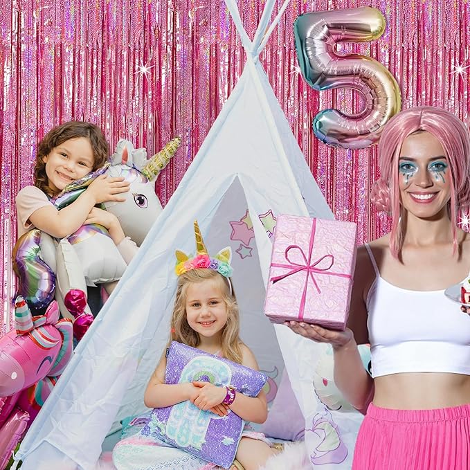 3 Pack Pink Backdrop Party Decorations Tinsel Curtain Party Backdrop Foil Fringe Birthday Decorations Photo Booth Streamer Backdrop Pink Theme Bachelorette Valentines Party Decorations