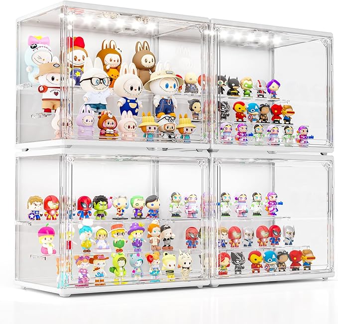 4 Pack Acrylic Display Case for Collectibles with LED Light, 3 Layer Adjustable Figure Display Case with Magnetic Door, Lighted Display Box Stackable Clear Blind Box for Action Figure, Popmart