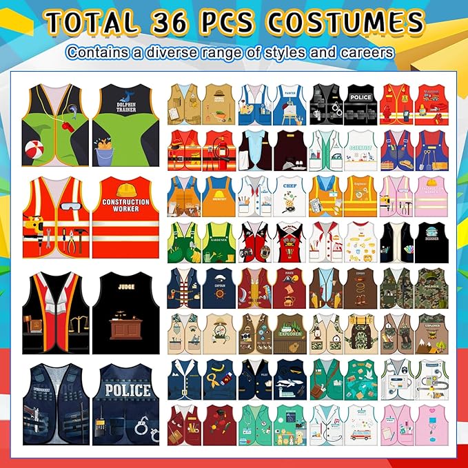 Cozypower 36 Pcs Kids Community Helper Dress Up Vest Career Costumes Toddler Girls Boys Career Day Costumes Cosplay for Pretend Play Doctor Police Fireman Car Racer Cowboy Farmers Worker