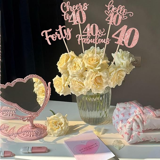 15PCS Happy 40th Birthday Centerpiece Sticks Forty Hello 40 Cheers to 40 Table Flower Centerpieces Sticks 40 Fabulous Floral Decorations for Happy 40th Birthday Party Centerpieces Supplies Rose Gold