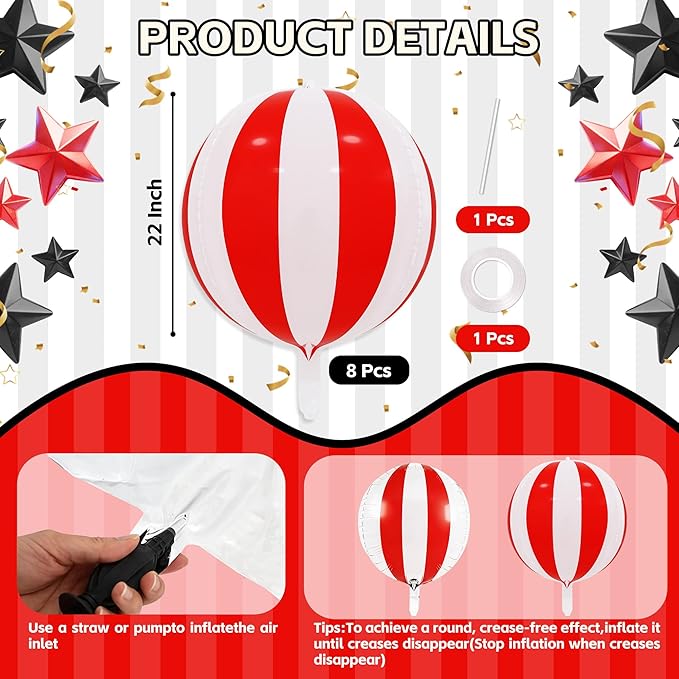 TONIFUL 8Pcs 22Inch Large Red White 4D Giant Round Foil Balloon 4D Metallic Mylar Sephere Balloons for Christmas New Year Birthday Party Graduation Wedding Bridal Shower Decoration Supplies