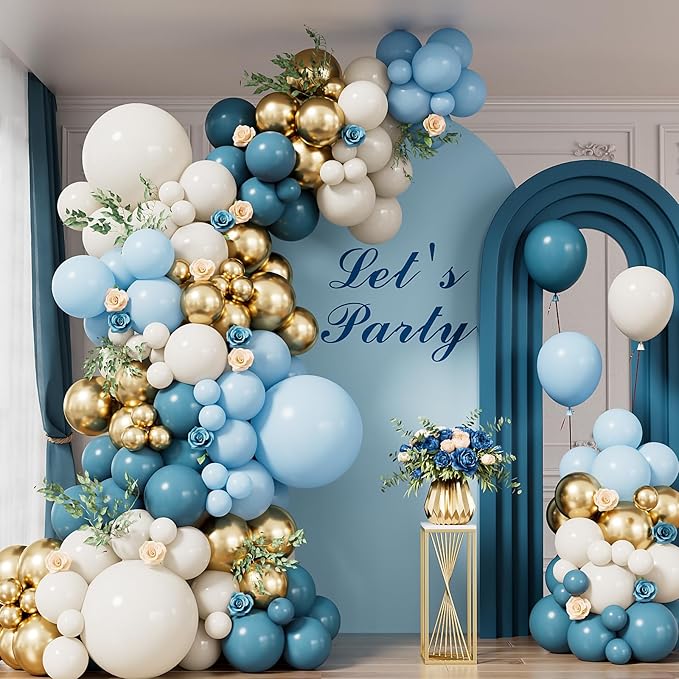 Dusty Blue Balloon Arch Garland Kit, 134PCS Ivory White, Slate Fog, Baby Blue and Gold Balloons for Baby Shower, Gender Reveal, Birthday Backdrop, Wedding, Bridal Shower Party Decor