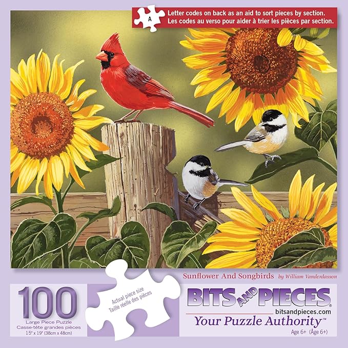 Bits and Pieces – 100 Piece Jigsaw Puzzle for Adults – Sunflower & Songbirds - Cardinals Jigsaw Puzzle by William Vanderdasson, Completed Puzzle Size: 15" x 19"