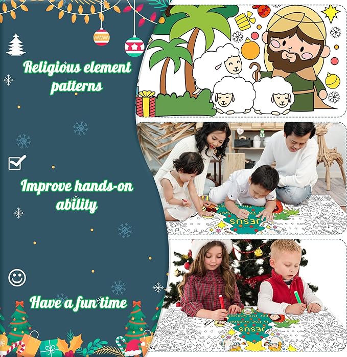 Dvbonike Jumbo Nativity Coloring Poster Giant Jesus Is The Reason For The Season Color-in Paper Poster DIY Blank Doodle Art Banner 55.1 x 23.6 in Decor, Sunday School Activity Party Supplies for Kids