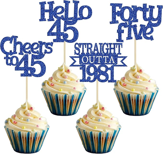 Ephlyn 24Pcs 45th Birthday Cupcake Toppers Glitter Straight Outta 1981 Cupcake Picks Hello 45 Cheers to 45 Years Cake Decorations for 45th Birthday Anniversary Party Decorations Supplies Blue