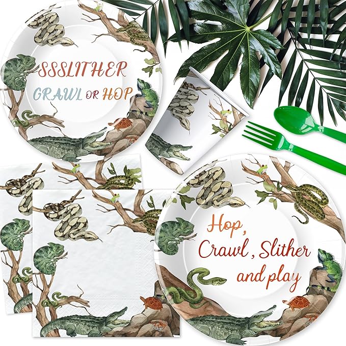 Reptile Birthday Party Supplies - Reptile Party Decorations, Plate, Cup, Napkin, Tablecloth, Tableware, Jungle Swamp Animal Lizard Snake Turtle Alligator Theme Party Decorations | Serve 24