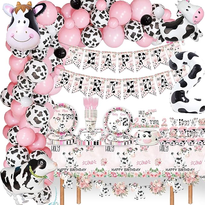 51 Pcs Holy Cow I'm Two Girls Birthday Party Supplies Moo Moo I'm Two Tablecloth Paper Plates Napkins Forks Dinnerware for Farm Animals Cow Theme Girls 2nd Birthday Party Supplies Decorations