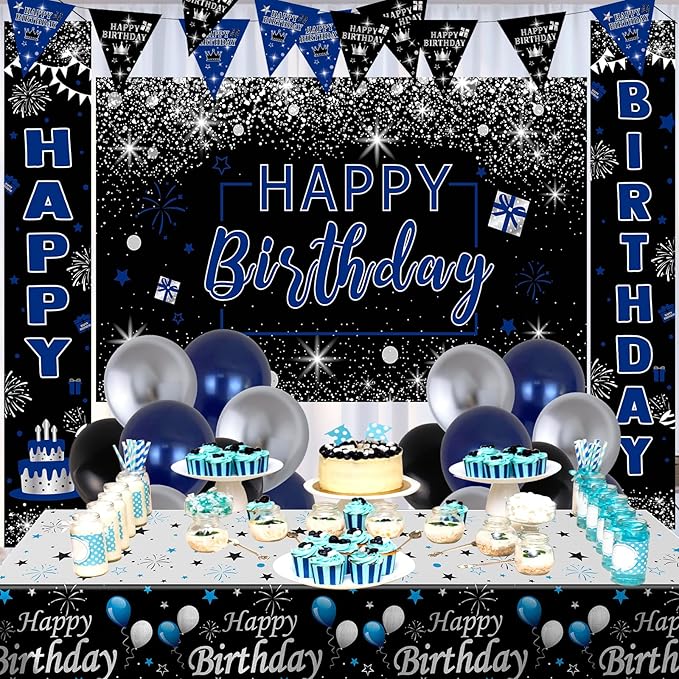 Black and Blue Birthday Decorations, 37 PCS Blue Silver Party Decorations for Boys Men Women Girls, Balloon Supplies with Happy Birthday Backdrop Banner Tablecloth Confetti Balloons Arch